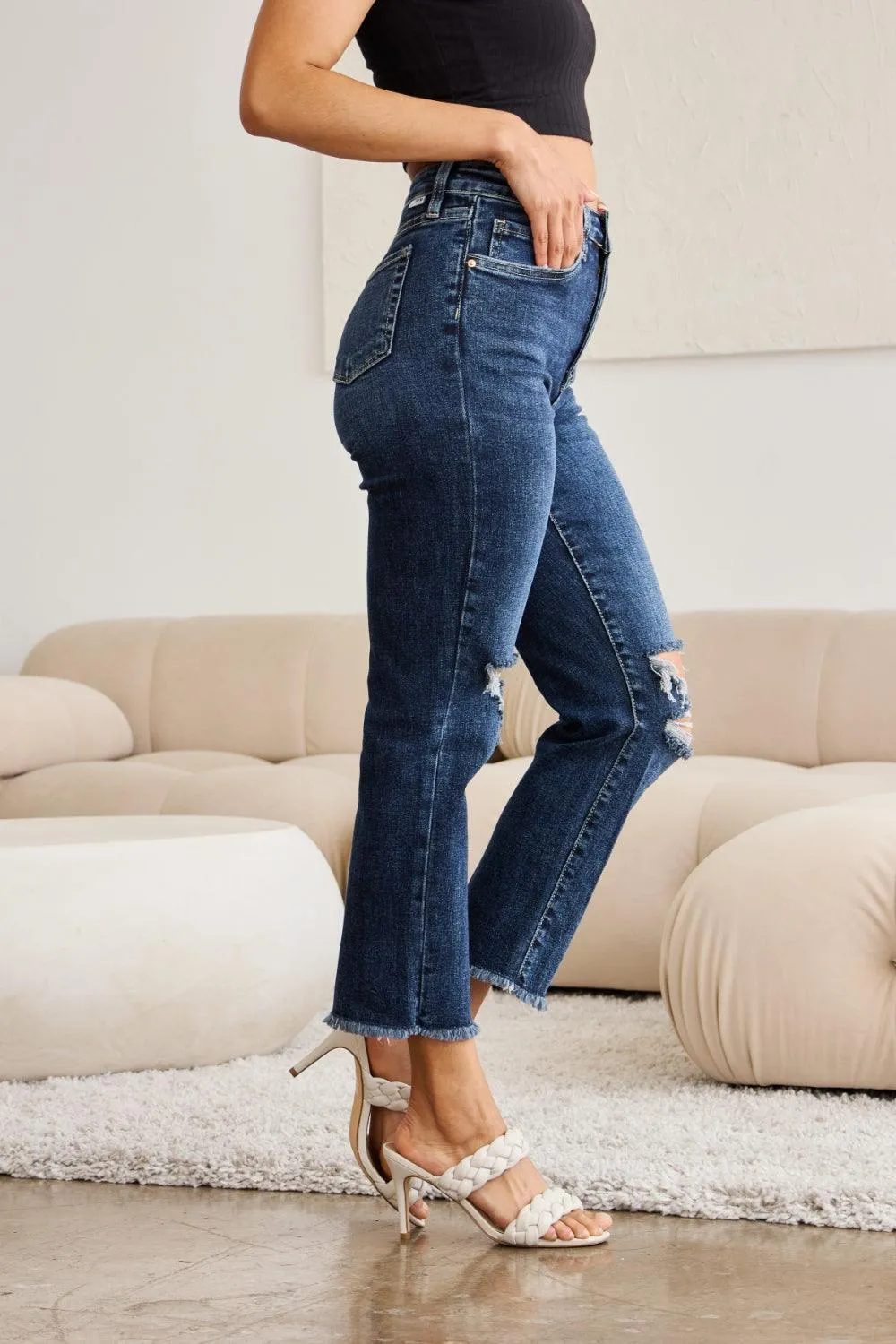 Distressed High Waist Raw Hem Jeans