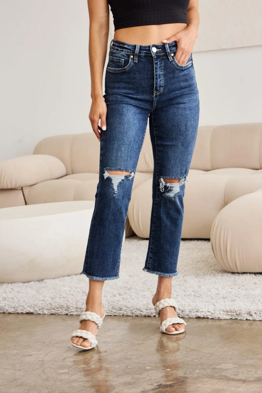 Distressed High Waist Raw Hem Jeans