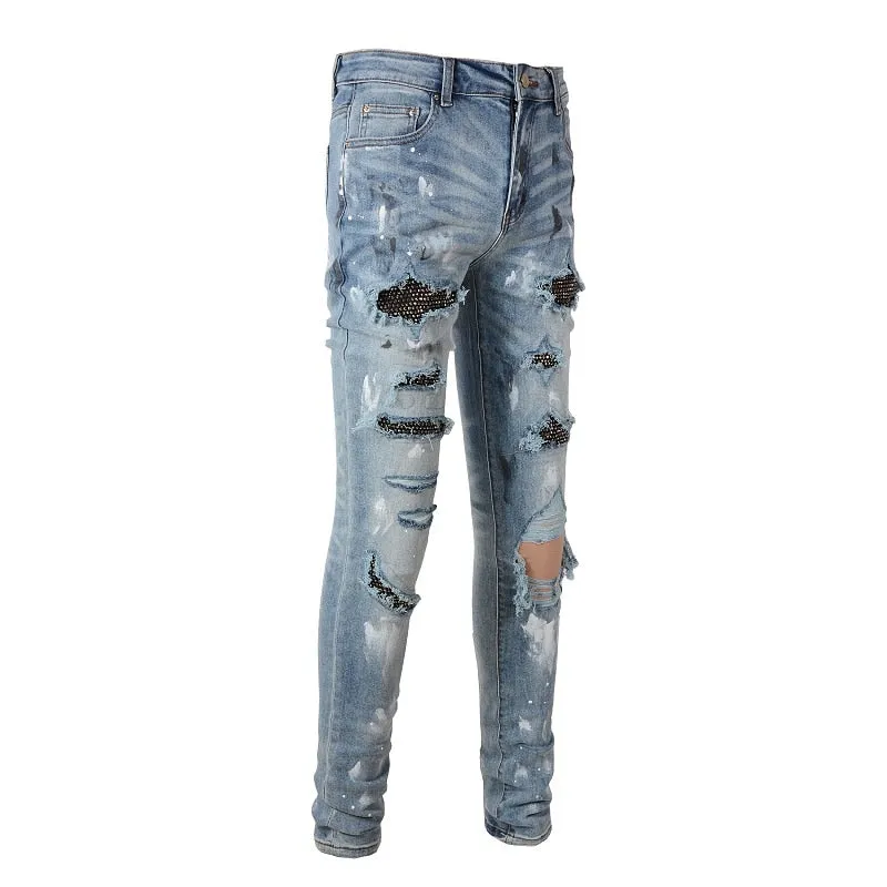 Distressed Silver Rhinestone Slim Blue Jeans