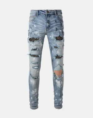 Distressed Silver Rhinestone Slim Blue Jeans