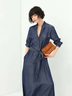 Edgy High-Waist Long-Sleeve Denim Shirt Dress in Navy