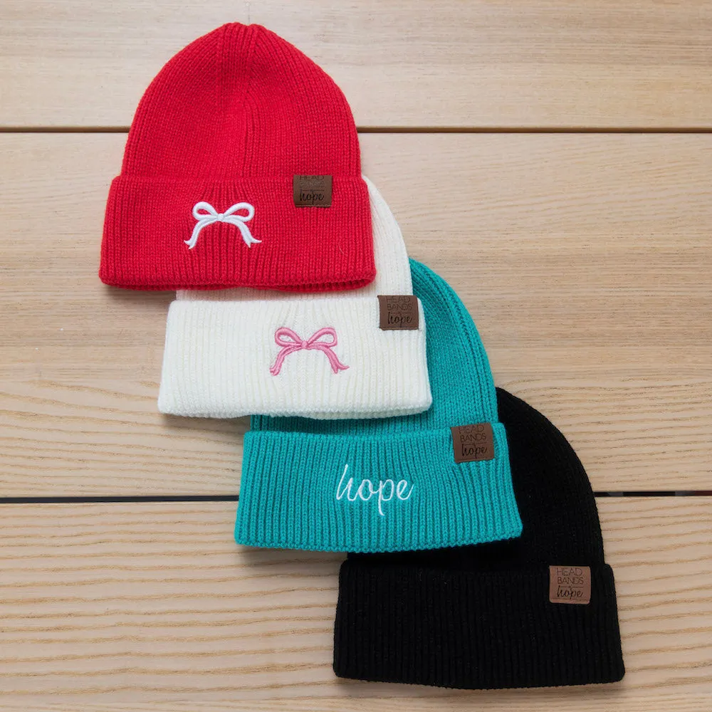 Embroidered Beanie - Coral   White Bow