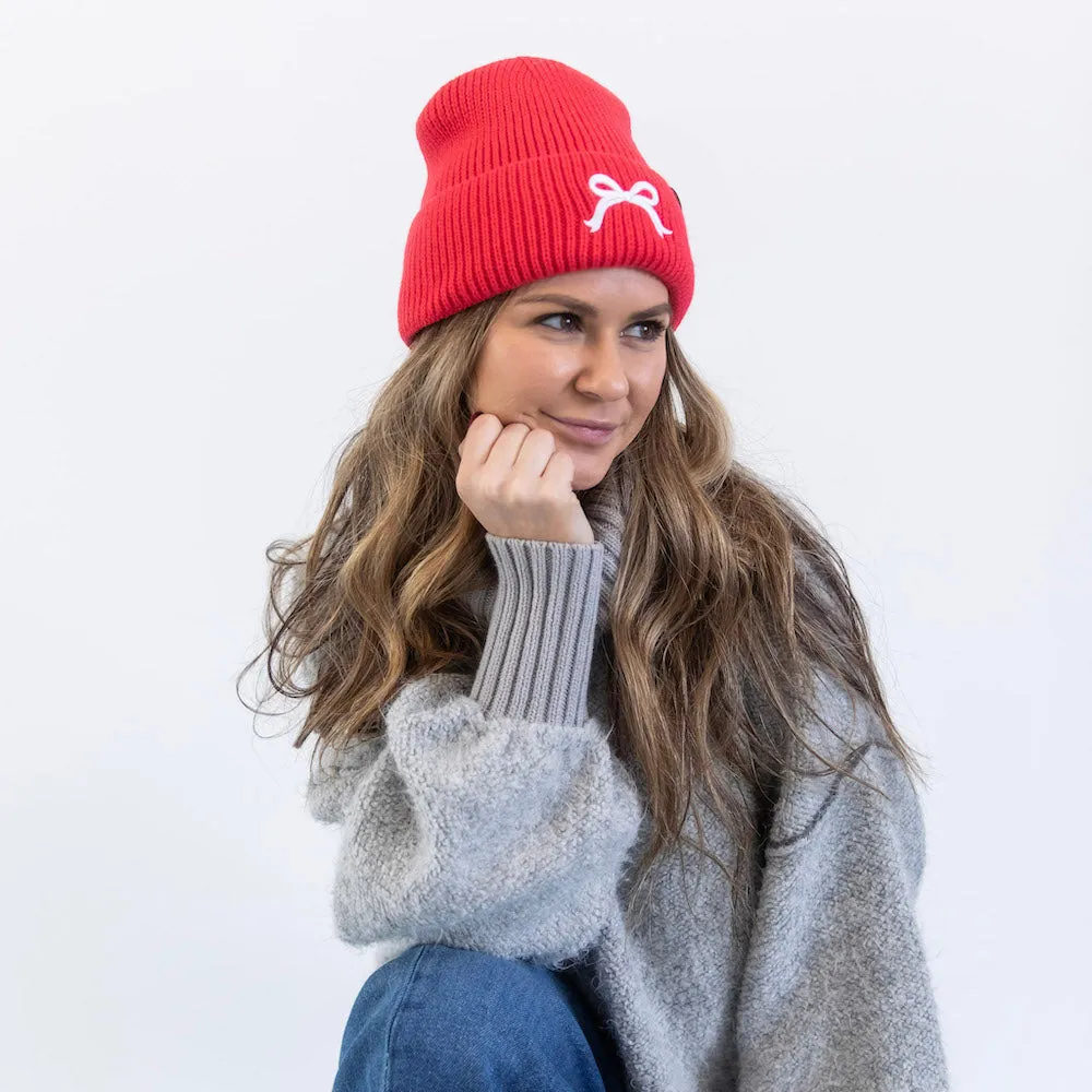 Embroidered Beanie - Coral   White Bow