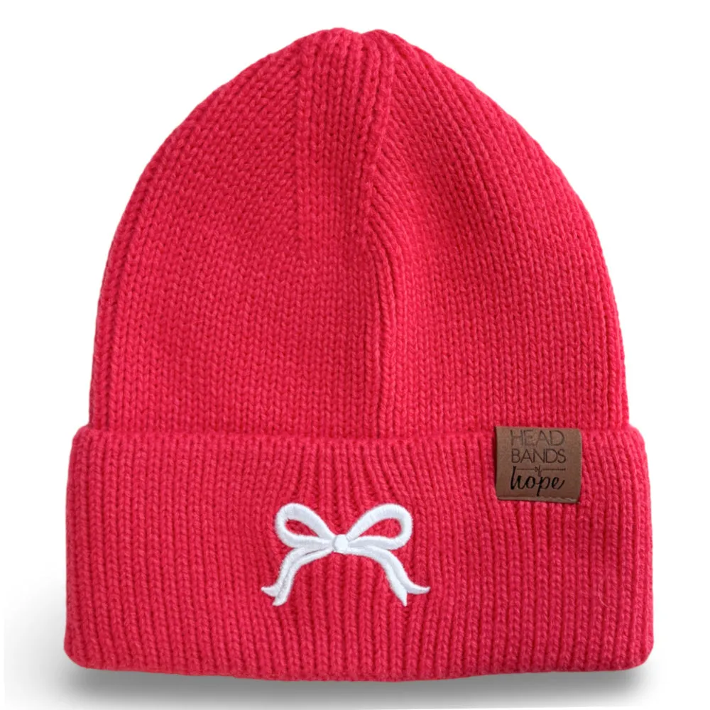 Embroidered Beanie - Coral   White Bow