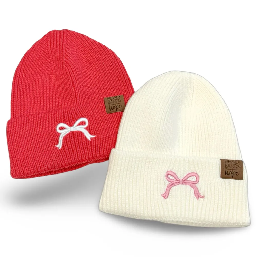 Embroidered Beanie - Coral   White Bow