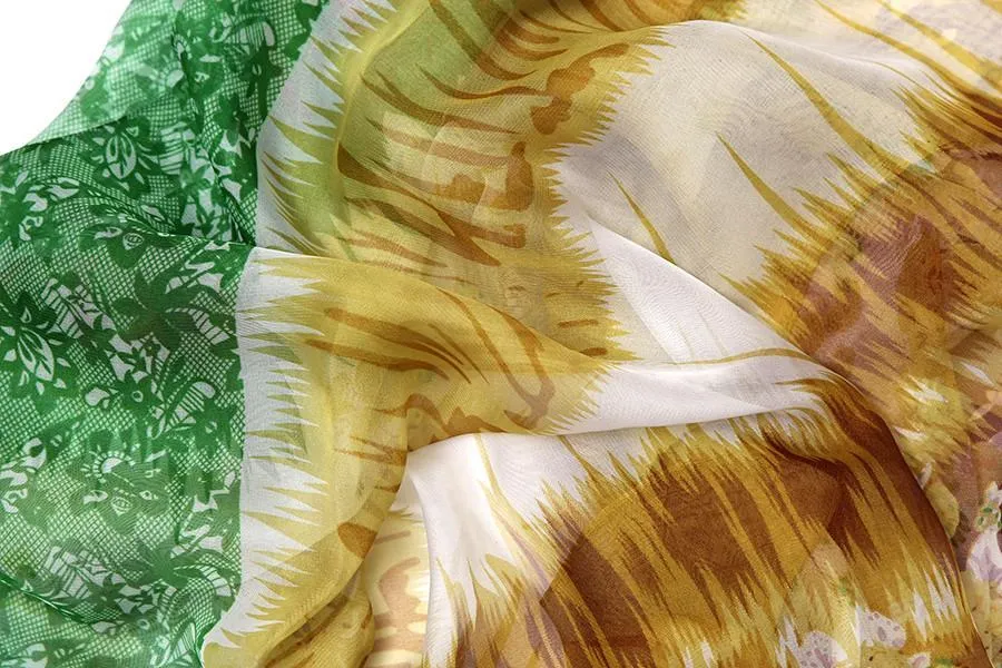 Extra Long Extra Wide Chiffon Scarf/Shawl Green and Yellow Floral Print CHD203