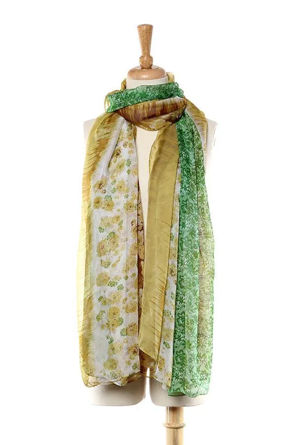 Extra Long Extra Wide Chiffon Scarf/Shawl Green and Yellow Floral Print CHD203