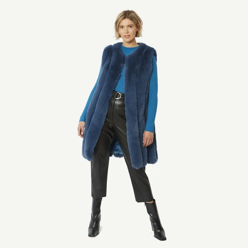 Faux Fur Long Gilet in Blue