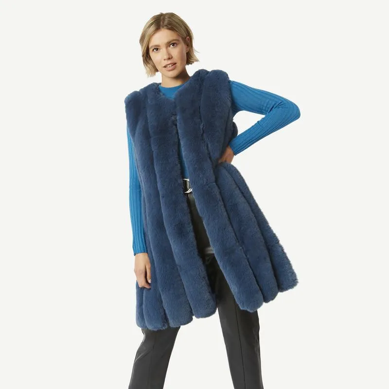 Faux Fur Long Gilet in Blue