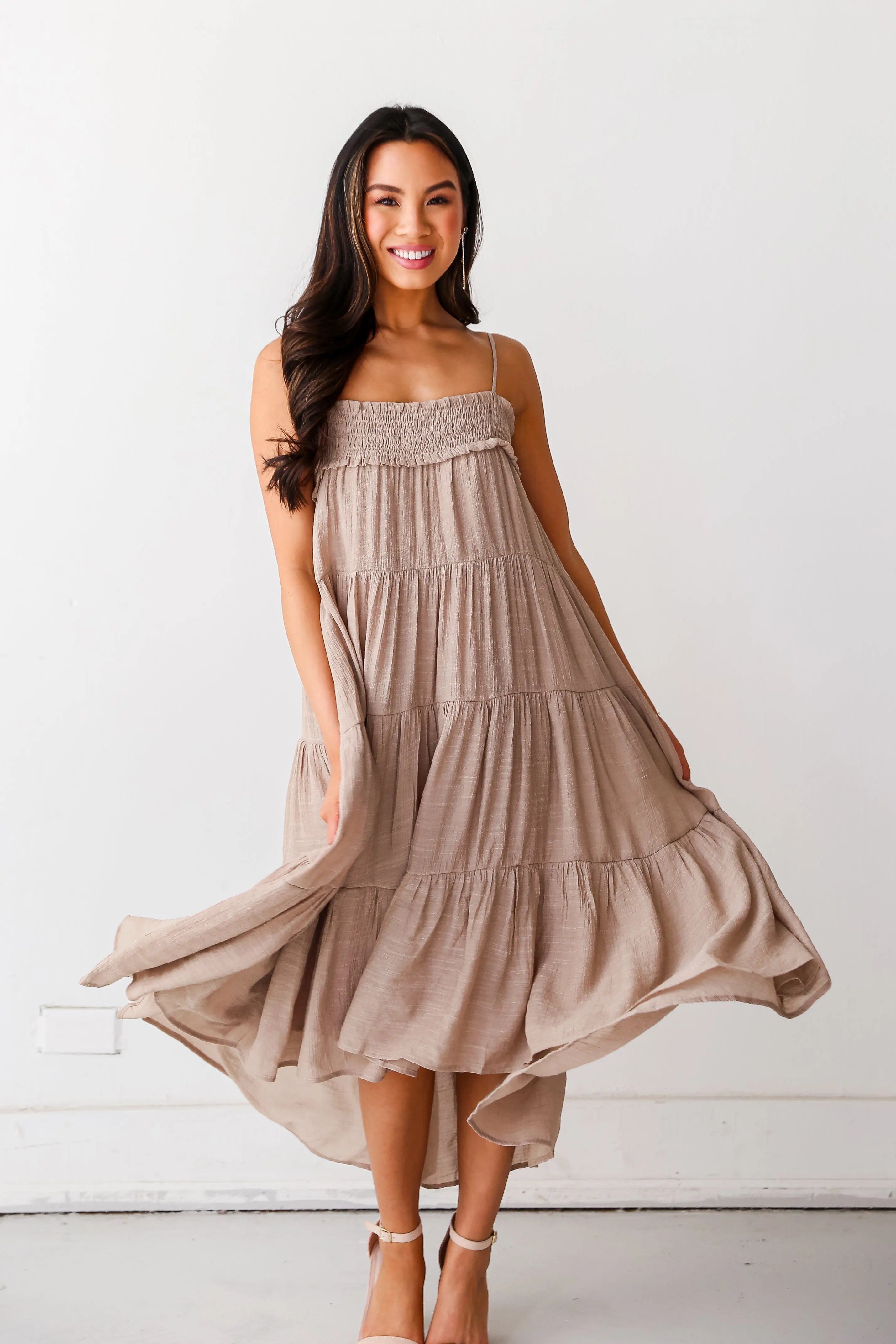 FINAL SALE - Carefree Behavior Taupe Tiered Midi Dress