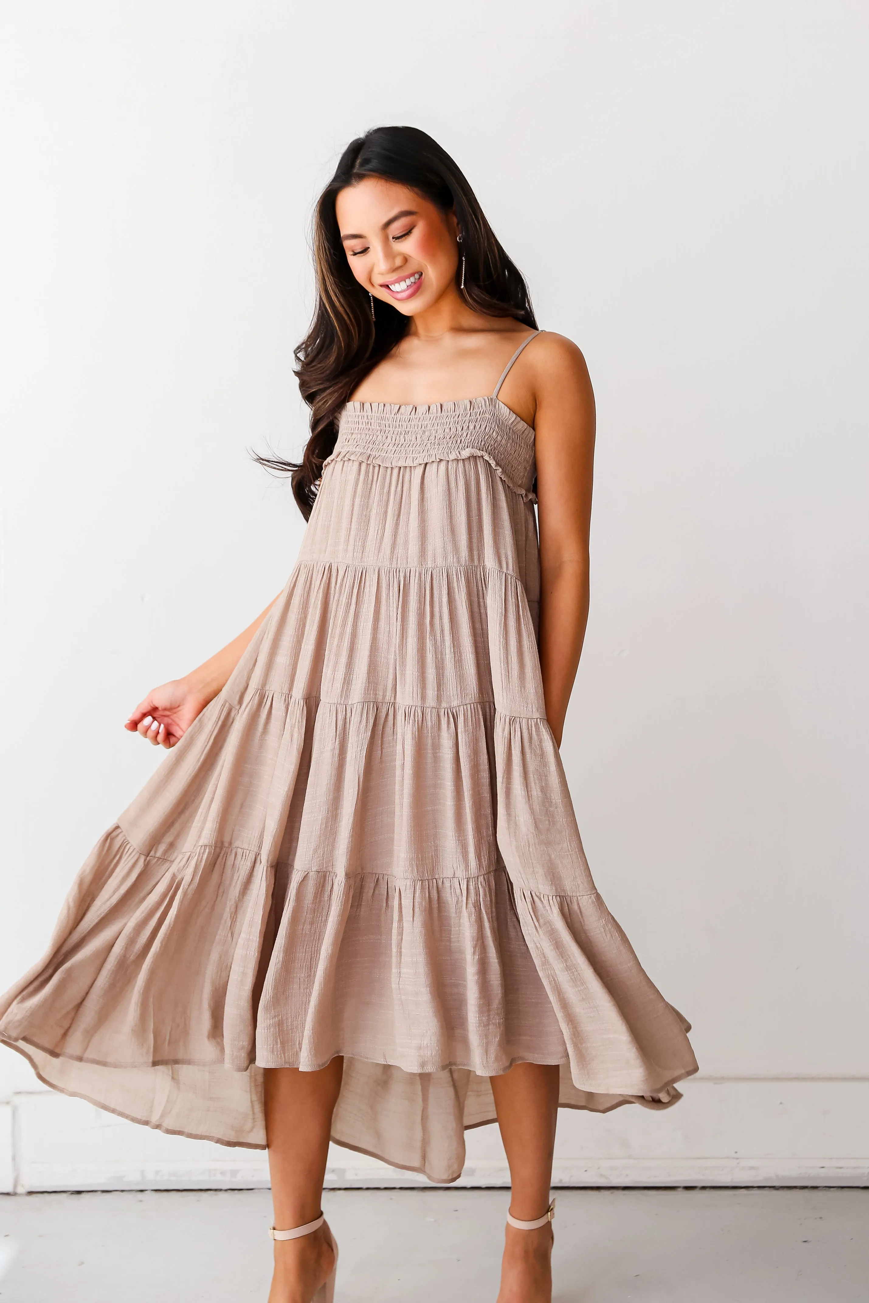 FINAL SALE - Carefree Behavior Taupe Tiered Midi Dress