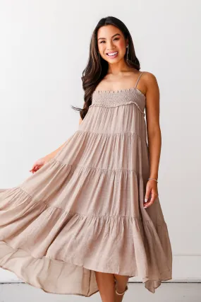 FINAL SALE - Carefree Behavior Taupe Tiered Midi Dress