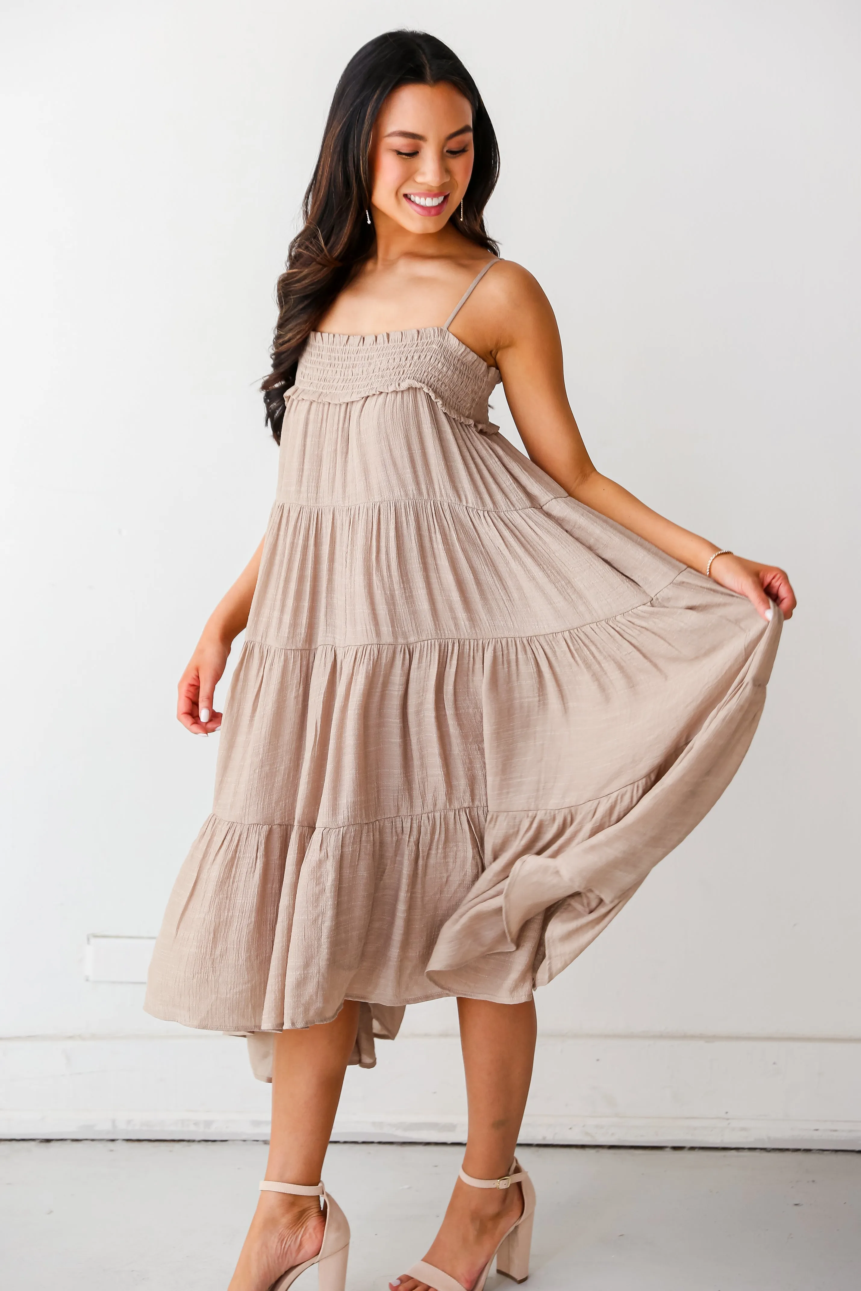 FINAL SALE - Carefree Behavior Taupe Tiered Midi Dress