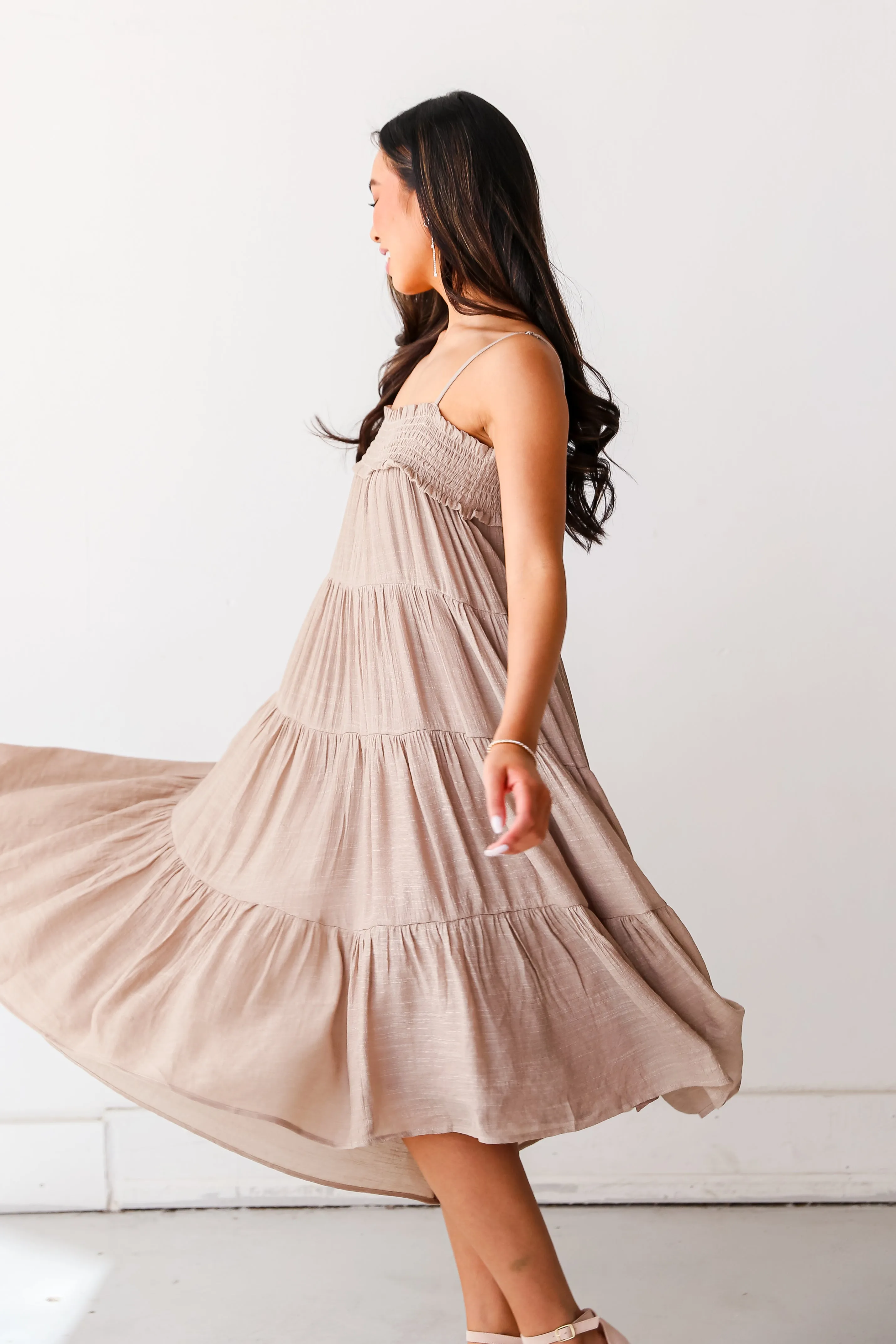 FINAL SALE - Carefree Behavior Taupe Tiered Midi Dress