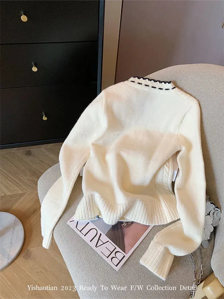 French Elegant Knitted Cardigan Sweet Oversized Chic Sweater V-Neck Long Sleeve Bow Knitwear Jumper Cozy Fashion 2000s Aesthetic