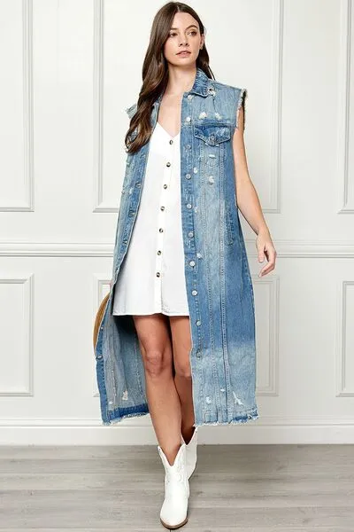 Full Size Distressed Sleeveless Longline Denim Jacket