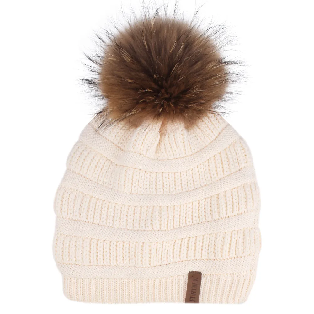 FURTALK Winter Kids Real Fur Pom Pom Hat Double Layer Drop Shipping HTWL097