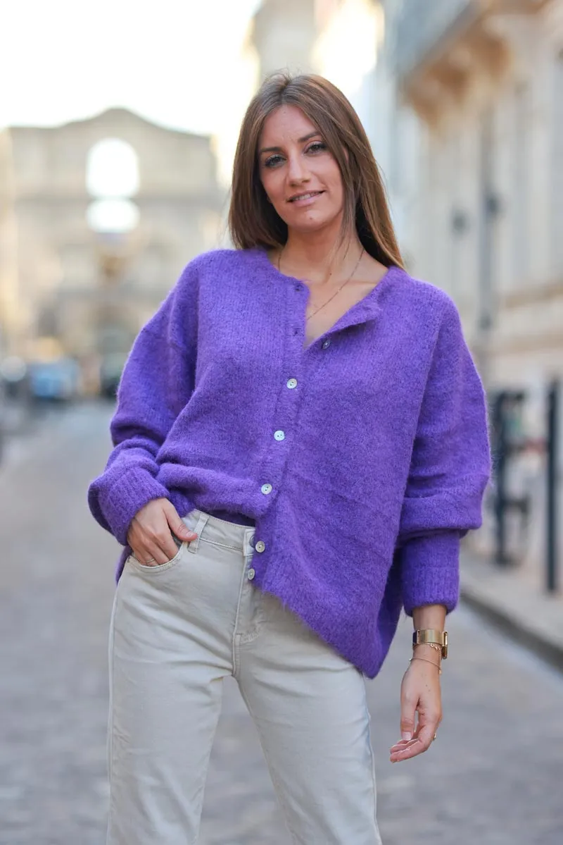 Gilet douillet violet chiné en maille col rond boutons nacrés