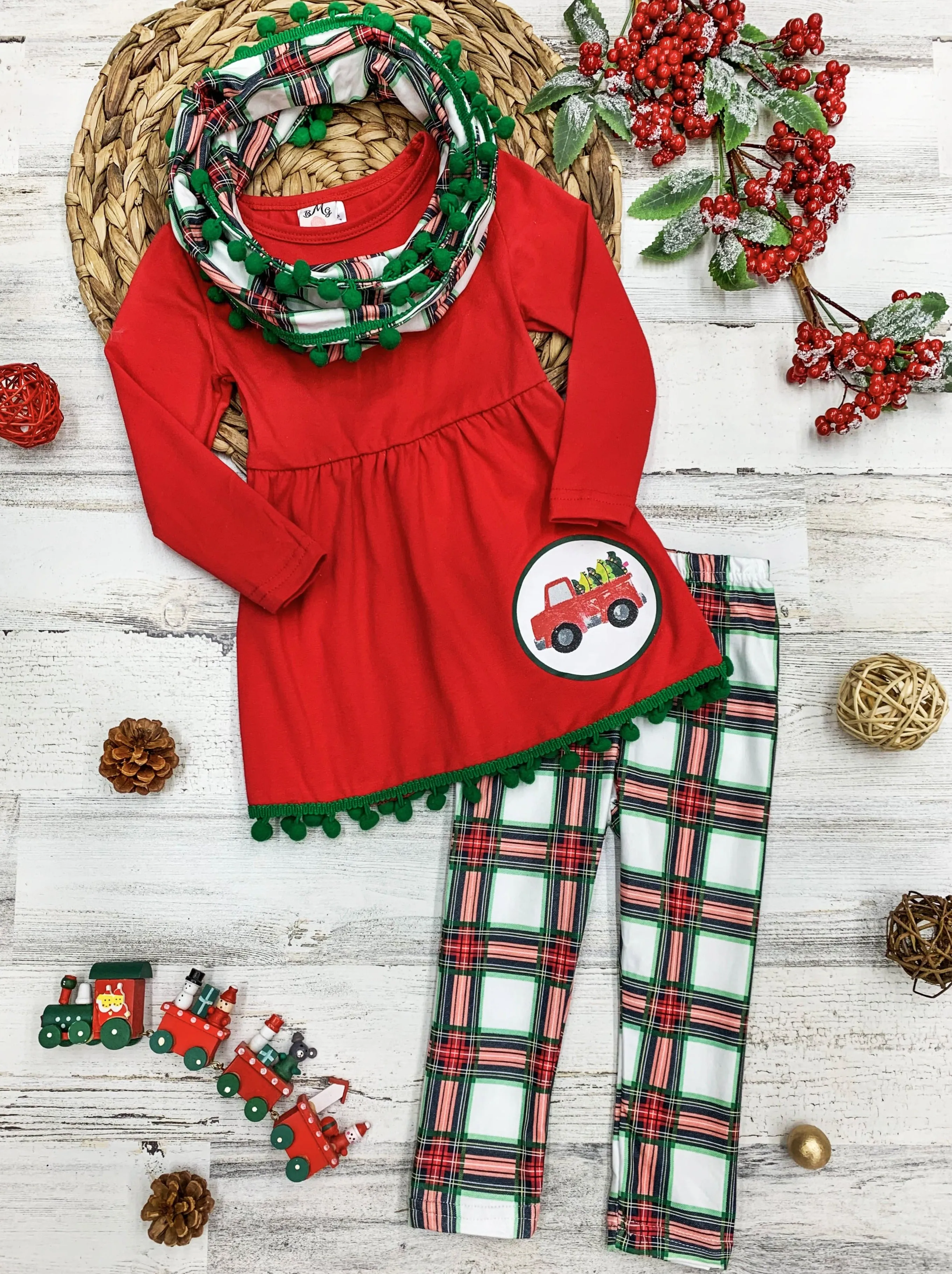 Girls Christmas Truck Tunic and Plaid Leggings and Scarf Set