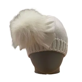 Girls Cream Marino Wool Fur Bow Hat