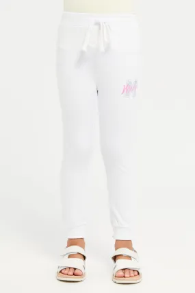 Girls White Printed Active Pants