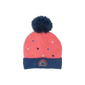 Girls's Knit Hat Coral And Blue Hearts - Tea Rose | DEUX PAR DEUX