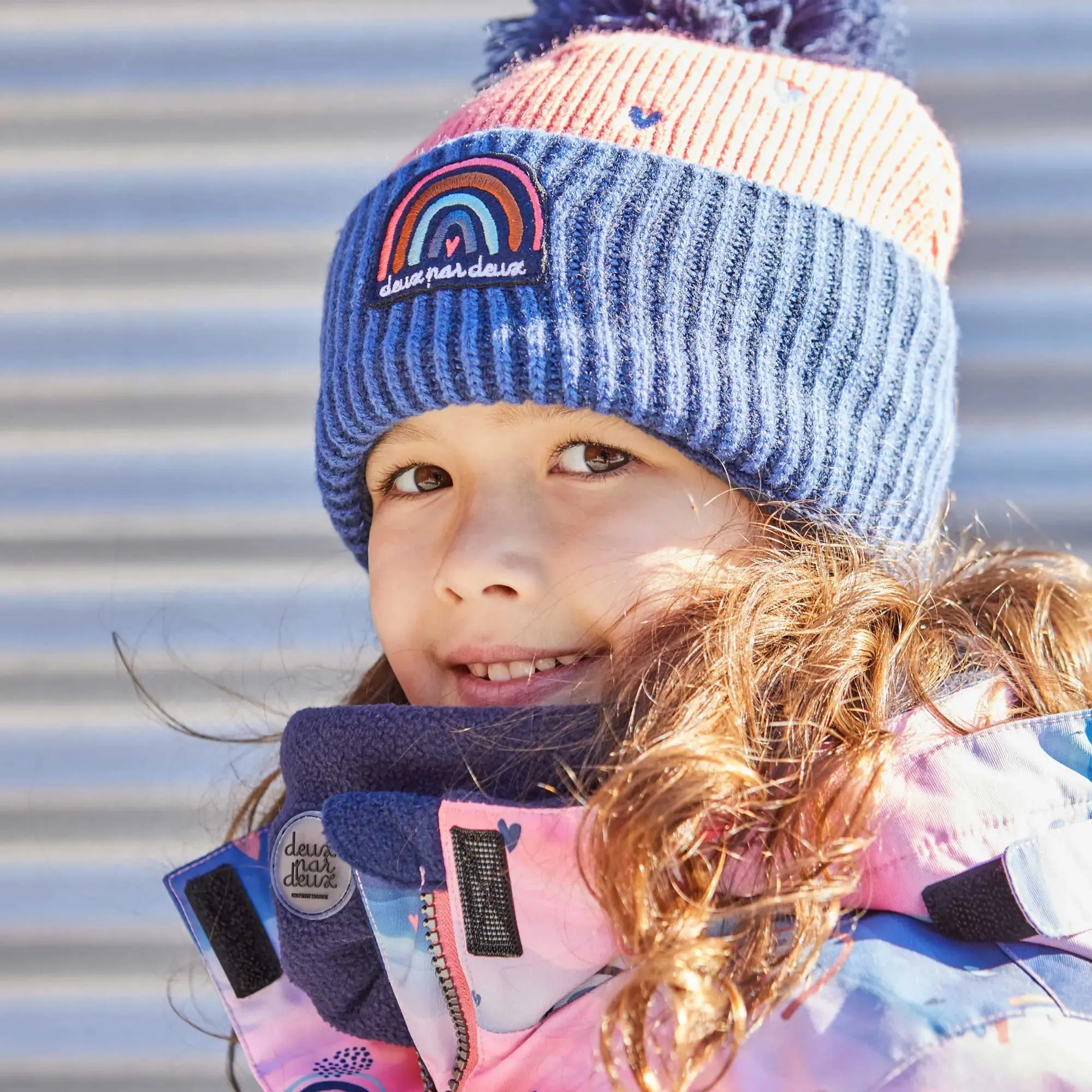 Girls's Knit Hat Coral And Blue Hearts - Tea Rose | DEUX PAR DEUX