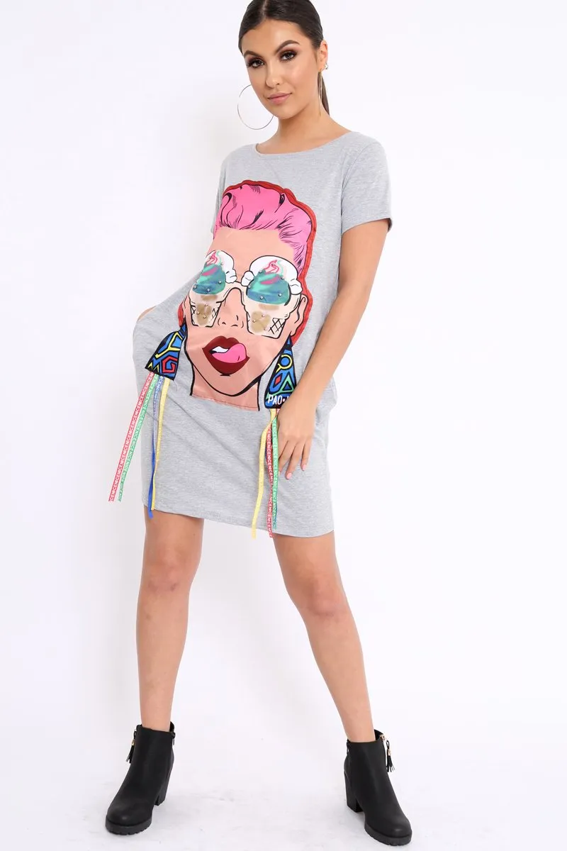 Grey Crew Neck Girls Face T-shirt Dress with Tassels - Sway