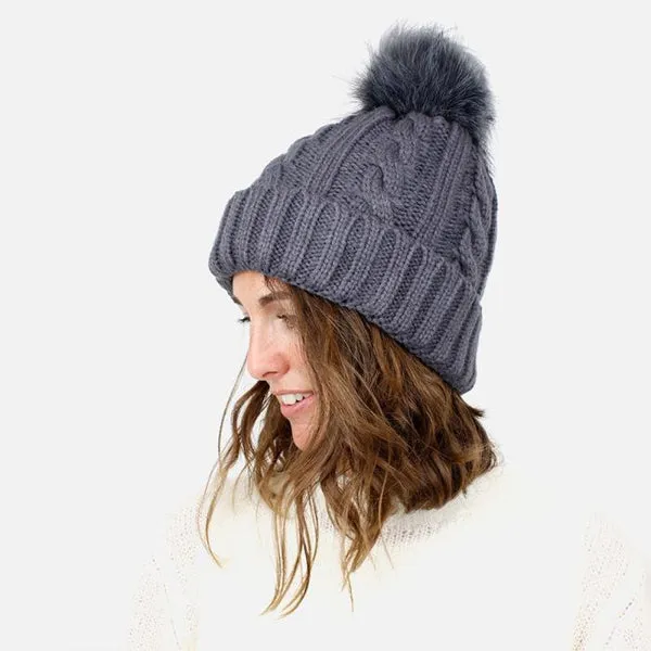 Grey Navy Cable Knit Faux Fur Bobble Hat