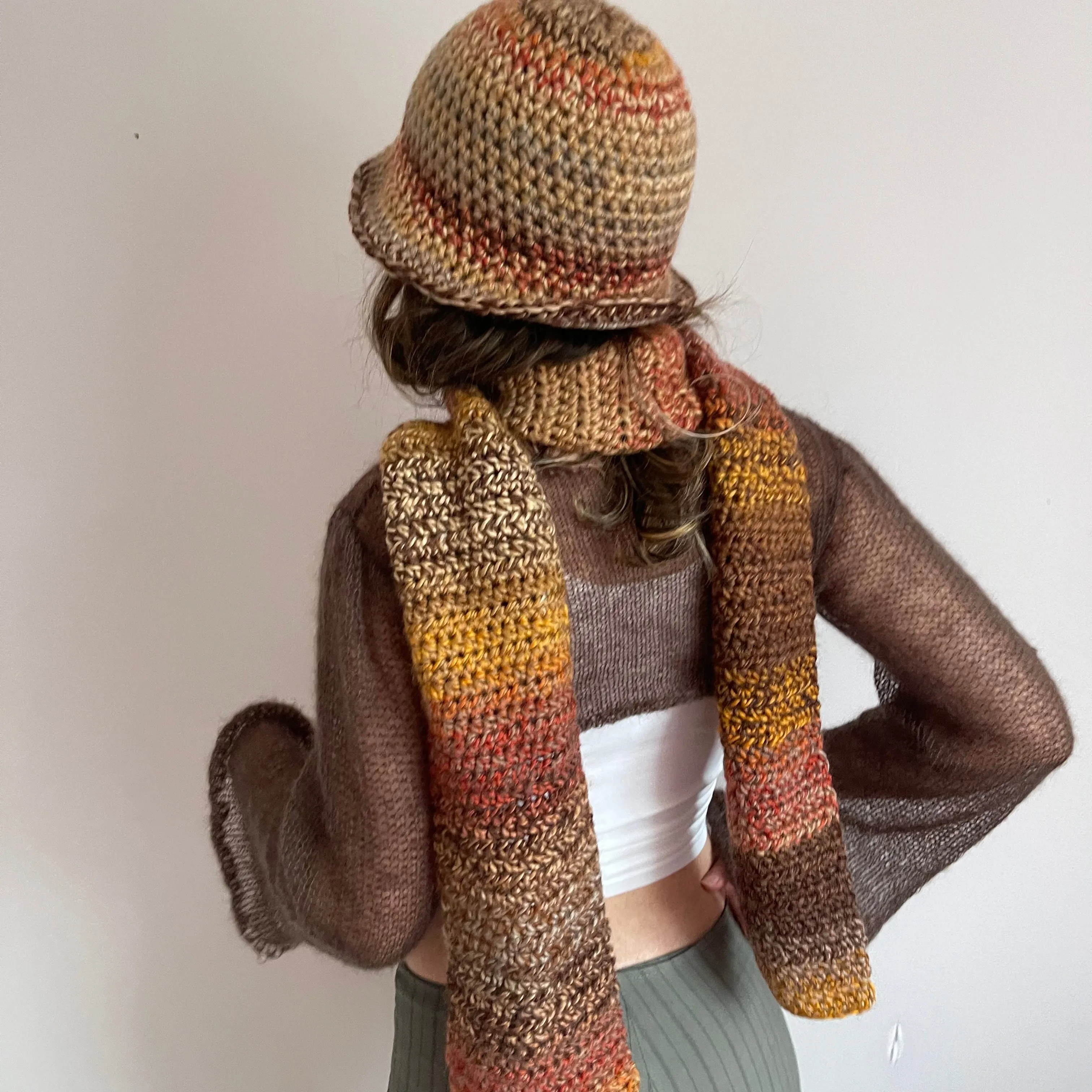 Handmade brown, burnt orange and mustard yellow ombré crochet scarf