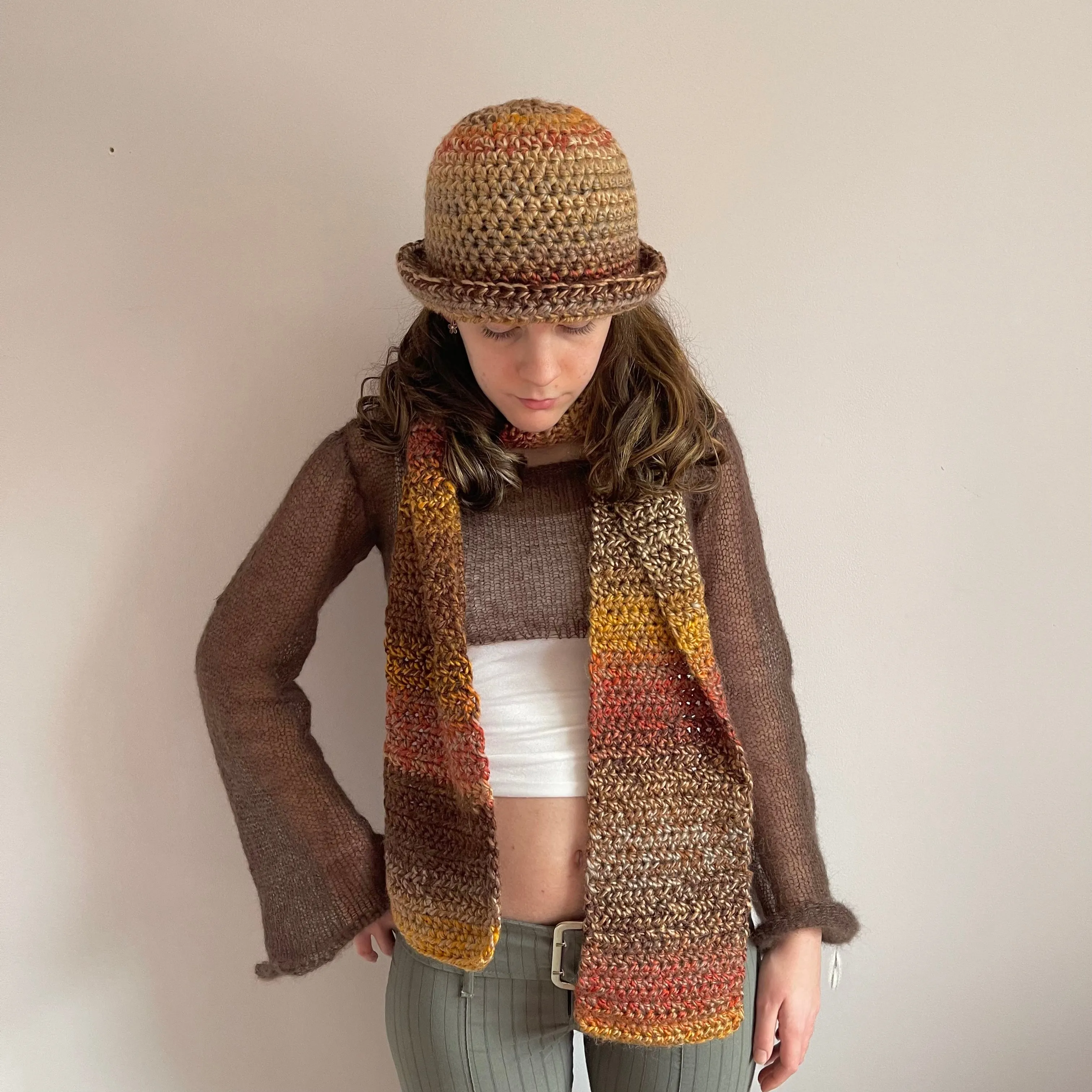 Handmade brown, burnt orange and mustard yellow ombré crochet scarf