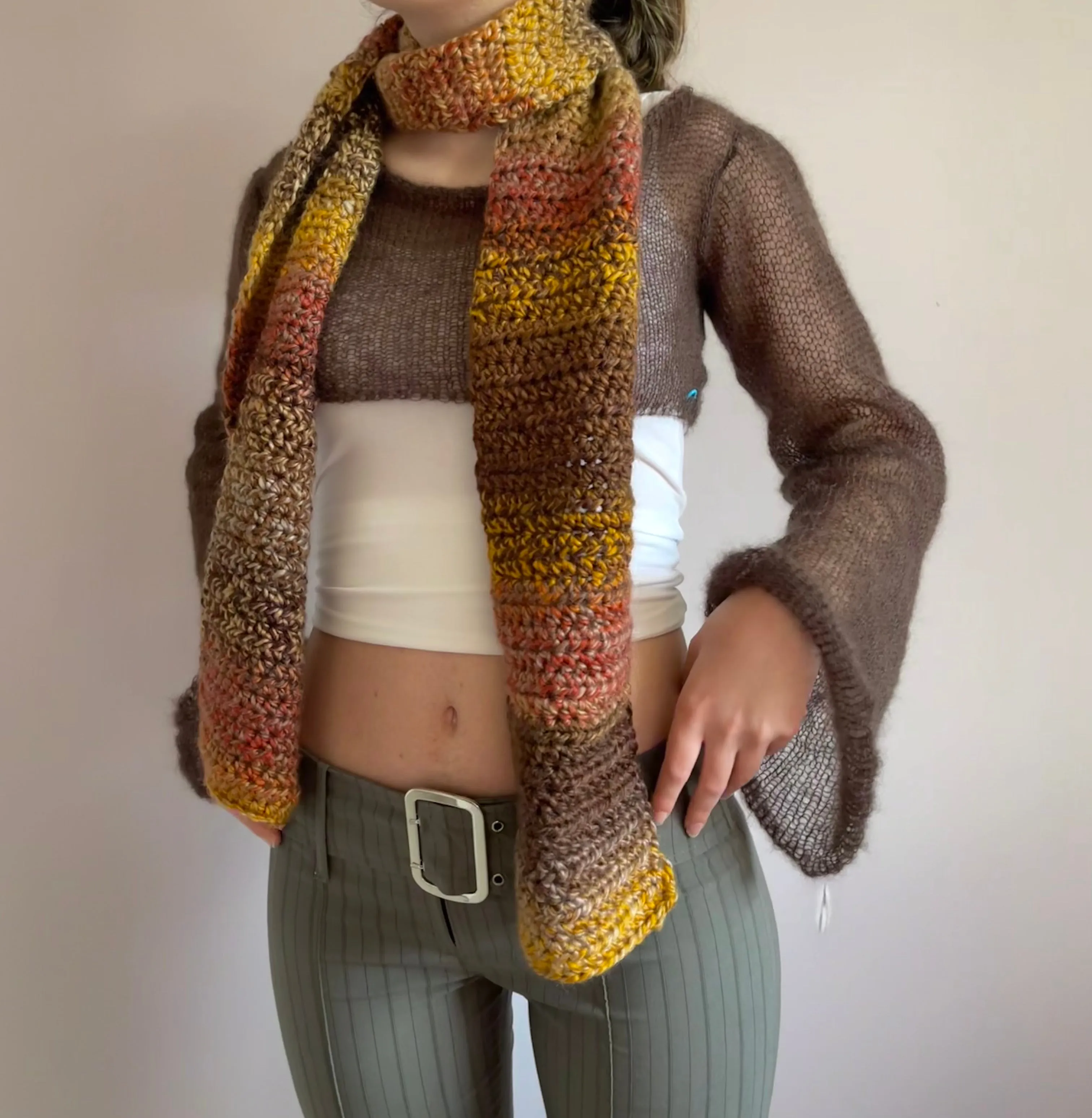 Handmade brown, burnt orange and mustard yellow ombré crochet scarf