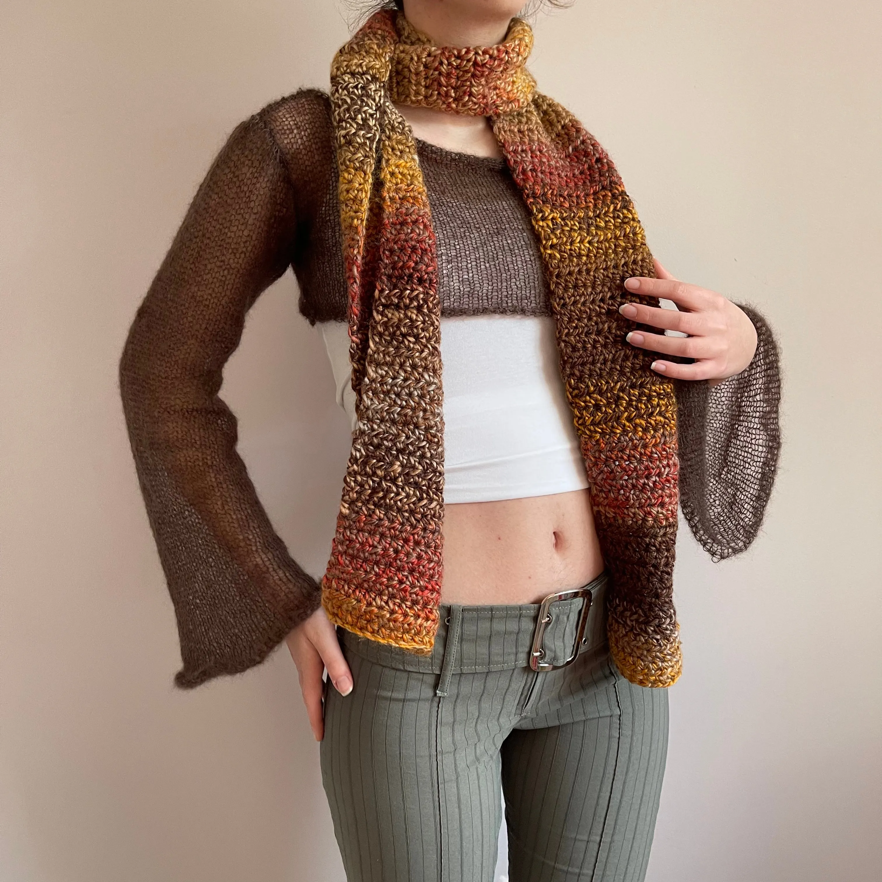 Handmade brown, burnt orange and mustard yellow ombré crochet scarf