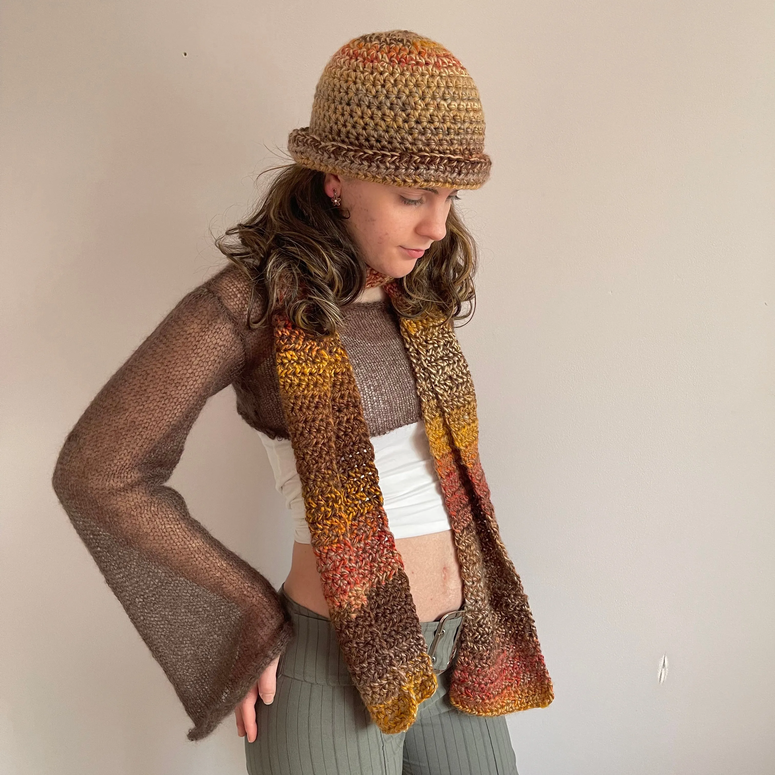 Handmade brown, burnt orange and mustard yellow ombré crochet scarf