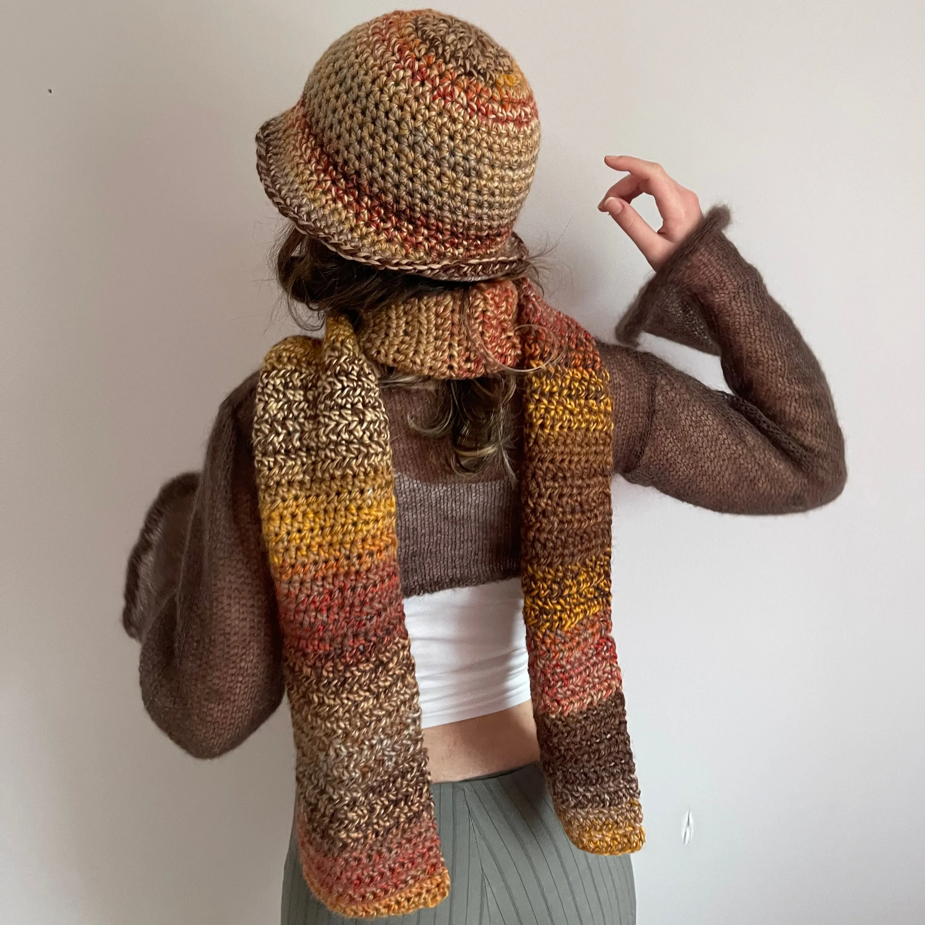 Handmade brown, burnt orange and mustard yellow ombré crochet scarf