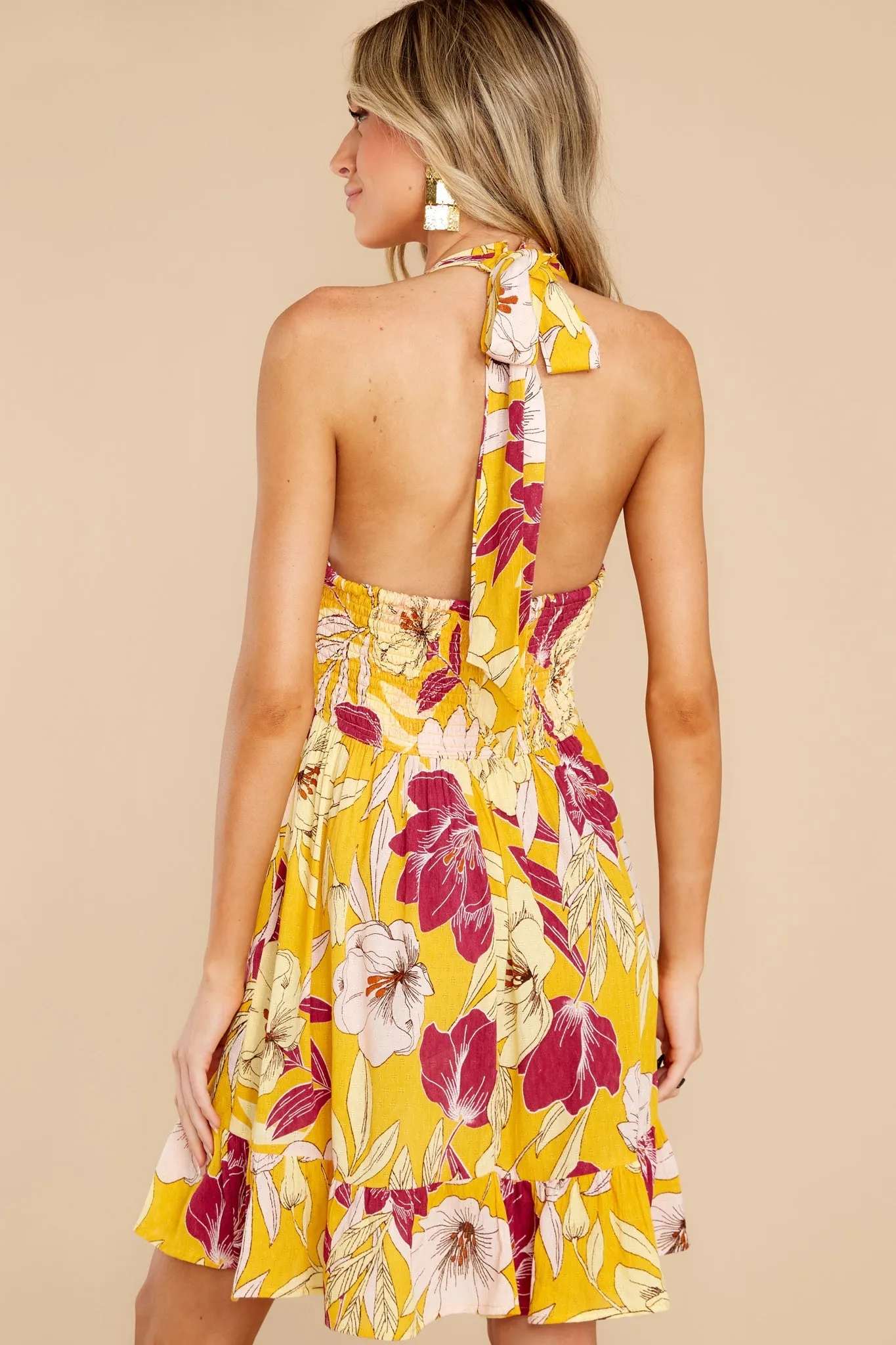 Heartlight Gold Floral Halter Mini Dress