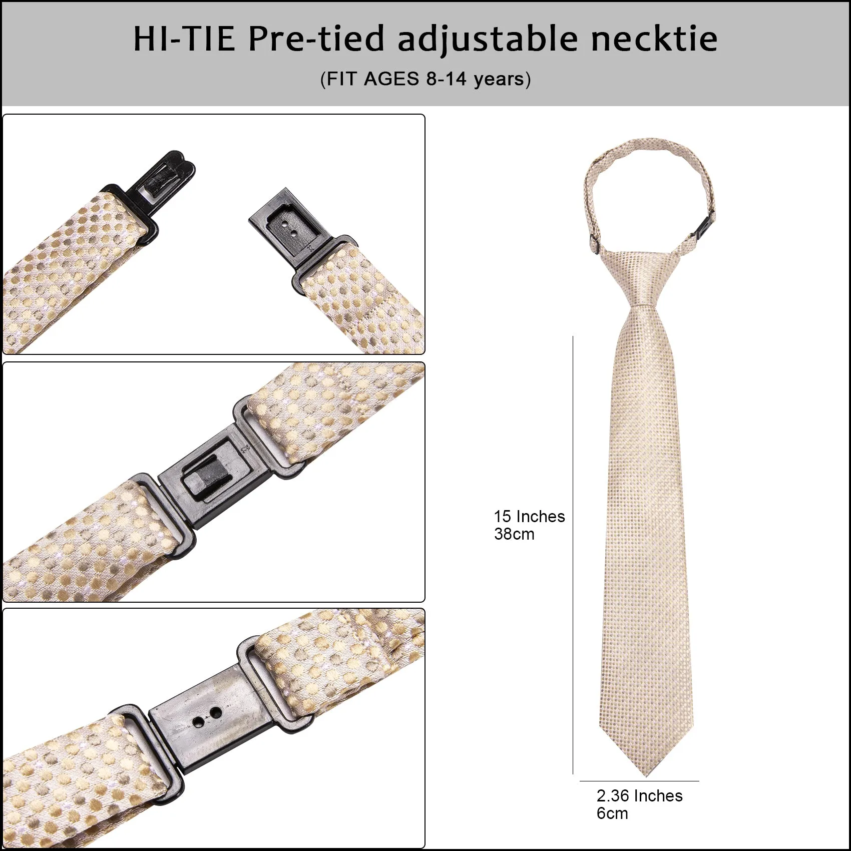 Hi-Tie Beige Dot Boys Pre-tied Adjustable Men's Necktie Pocket Square