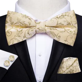 Hi-Tie Beige Gold Floral Pre-tied Men's Bow Tie Hanky Cufflinks Set