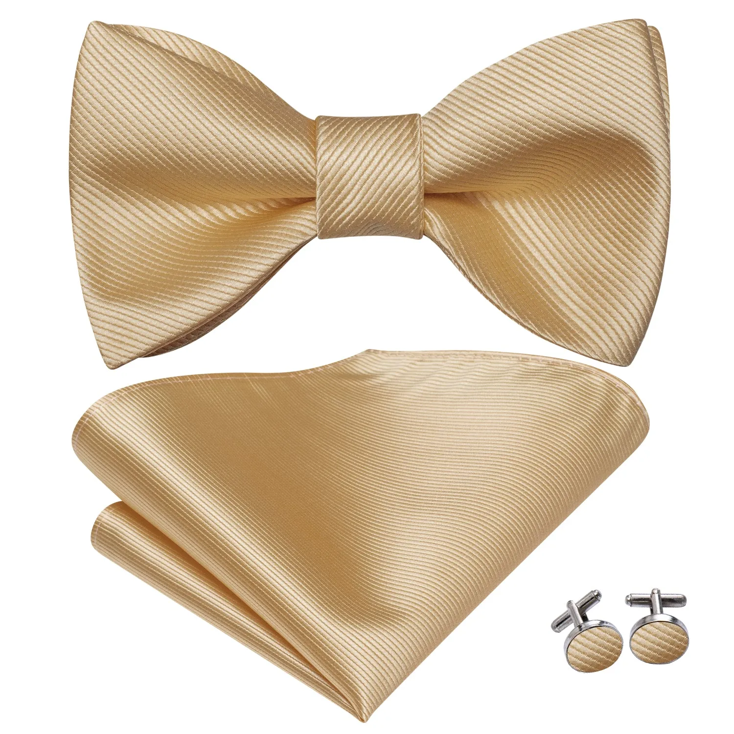 Hi-Tie Beige Striped Silk Self-tied Bow Tie Pocket Square Cufflinks Set