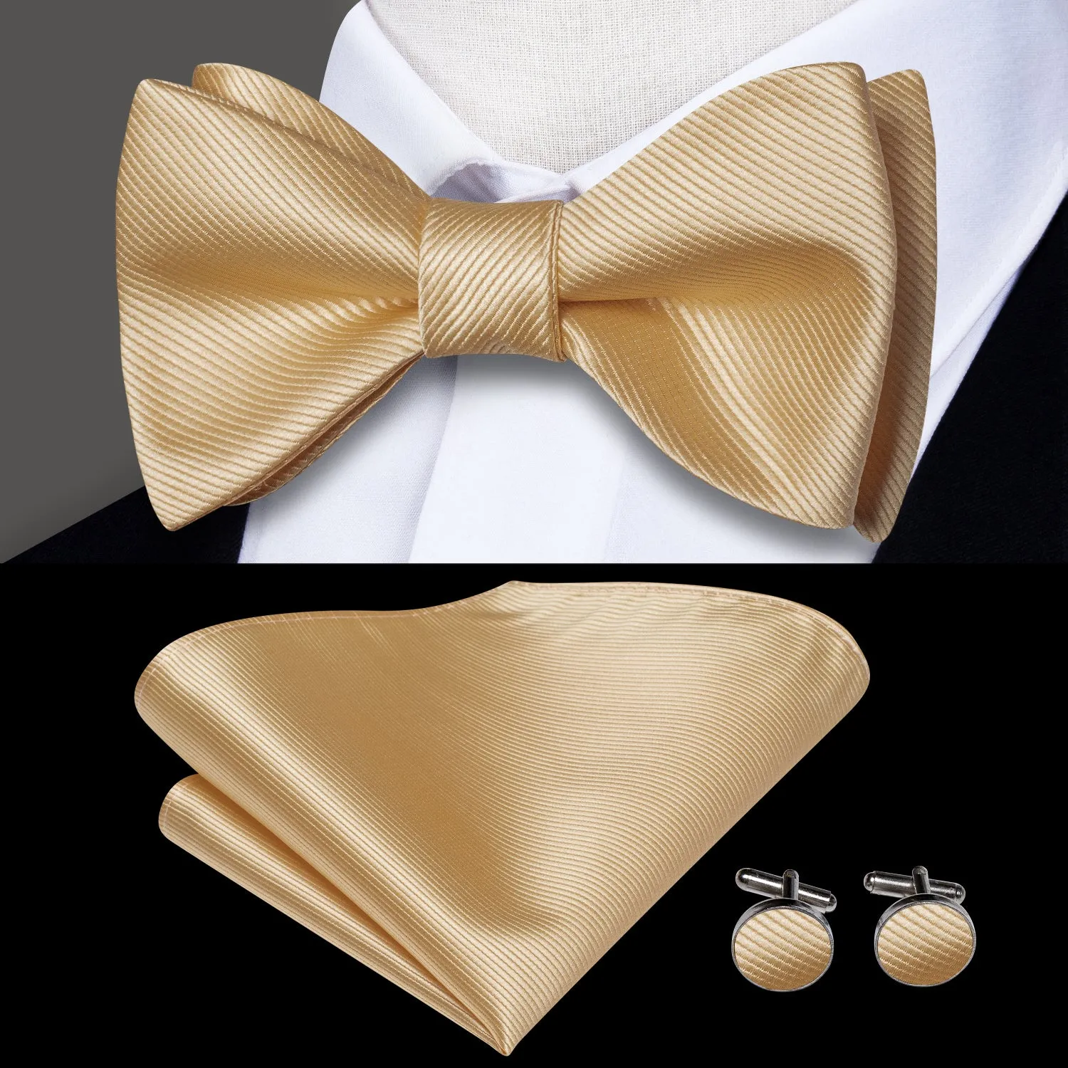 Hi-Tie Beige Striped Silk Self-tied Bow Tie Pocket Square Cufflinks Set