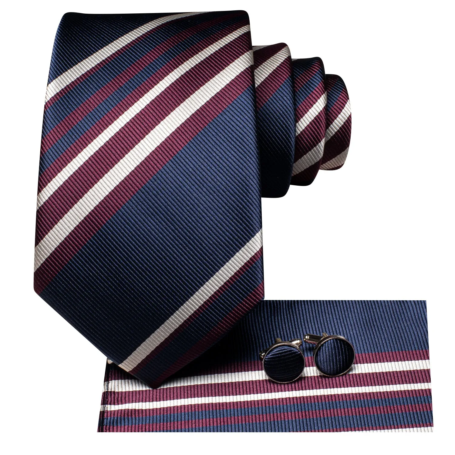 Hi-Tie Blue Red Beige Striped Silk Tie Pocket Square Cufflinks Set