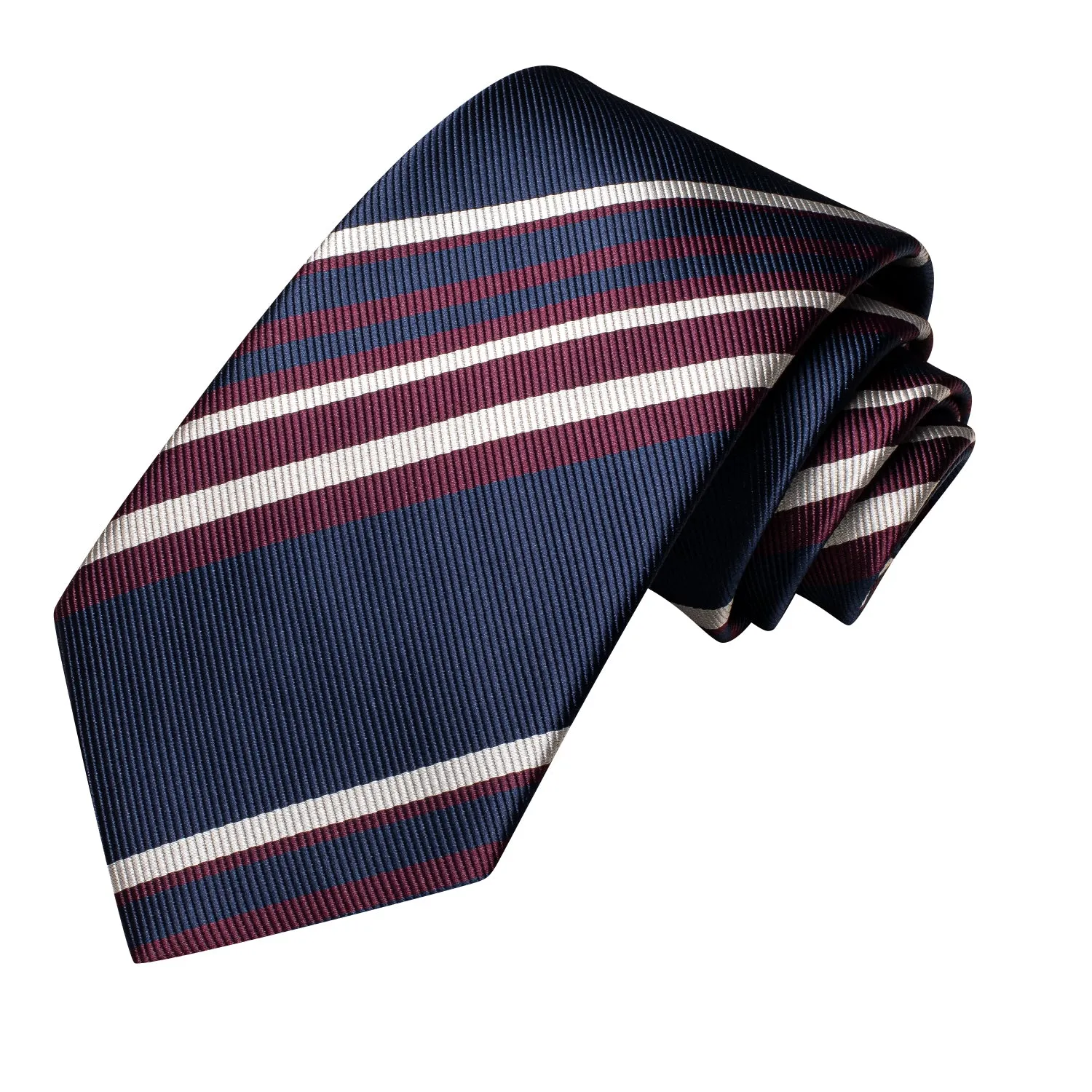 Hi-Tie Blue Red Beige Striped Silk Tie Pocket Square Cufflinks Set