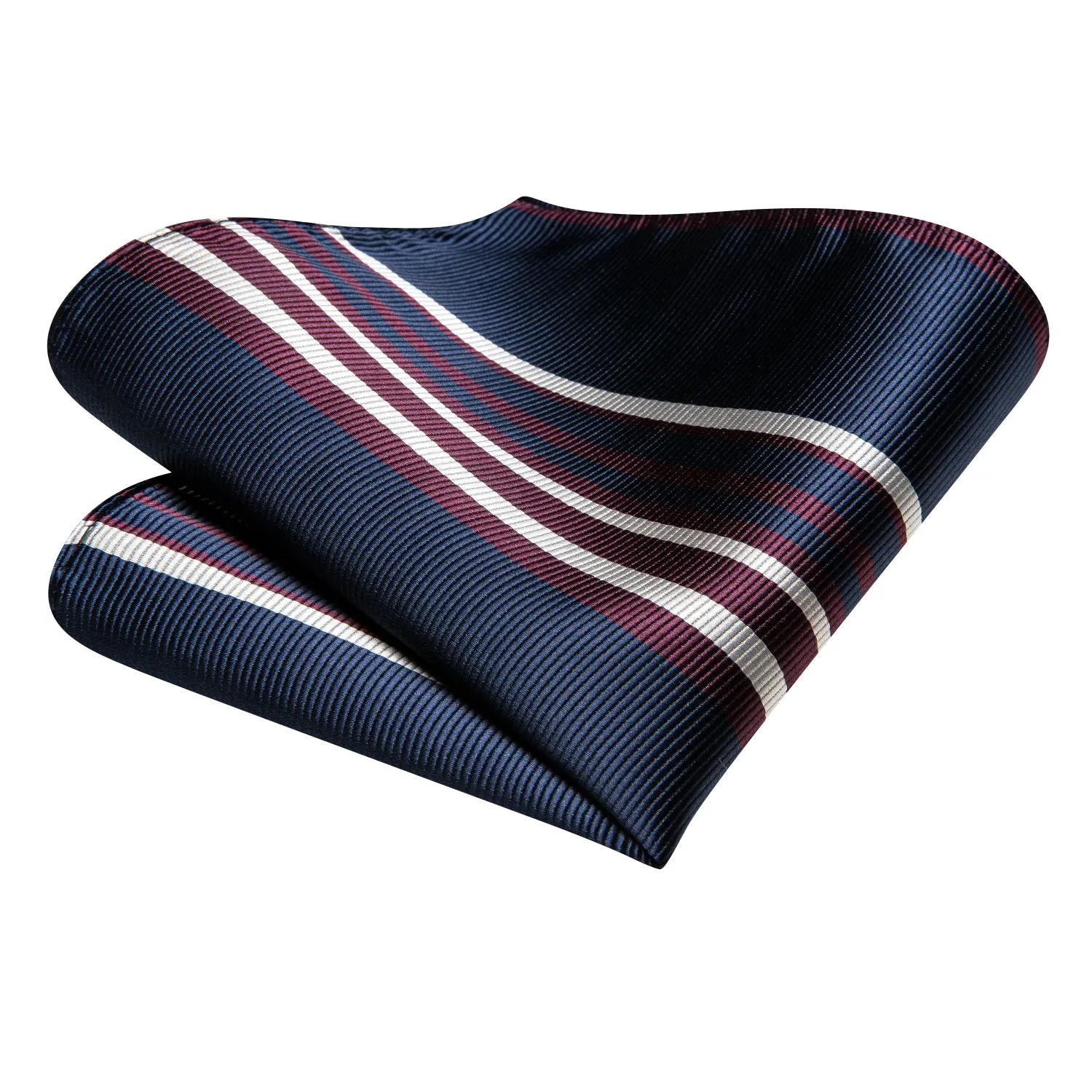 Hi-Tie Blue Red Beige Striped Silk Tie Pocket Square Cufflinks Set