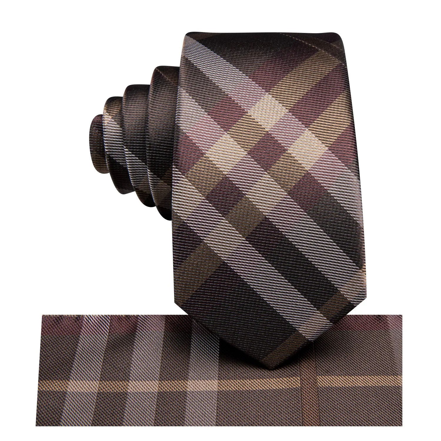 Hi-Tie Brown Beige Boys Necktie Plaid Children's Tie Pocket Square