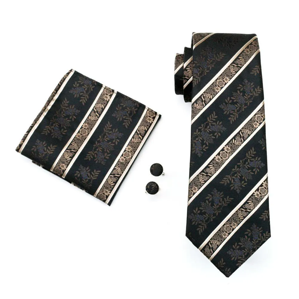 Hi-Tie Champagne Beige Black Floral Tie Hanky Cufflinks Set Collar Pin