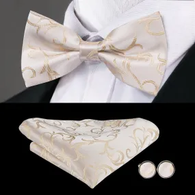 Hi-Tie Champagne Beige White Pre-tied Bow Tie Hanky Cufflinks Pin Set