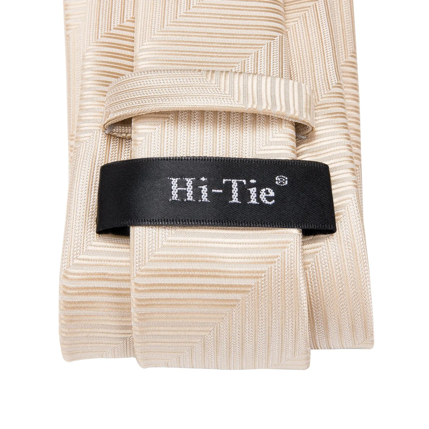 Hi-Tie Champagne Necktie Beige Striped Tie Pocket Square Cufflinks Set