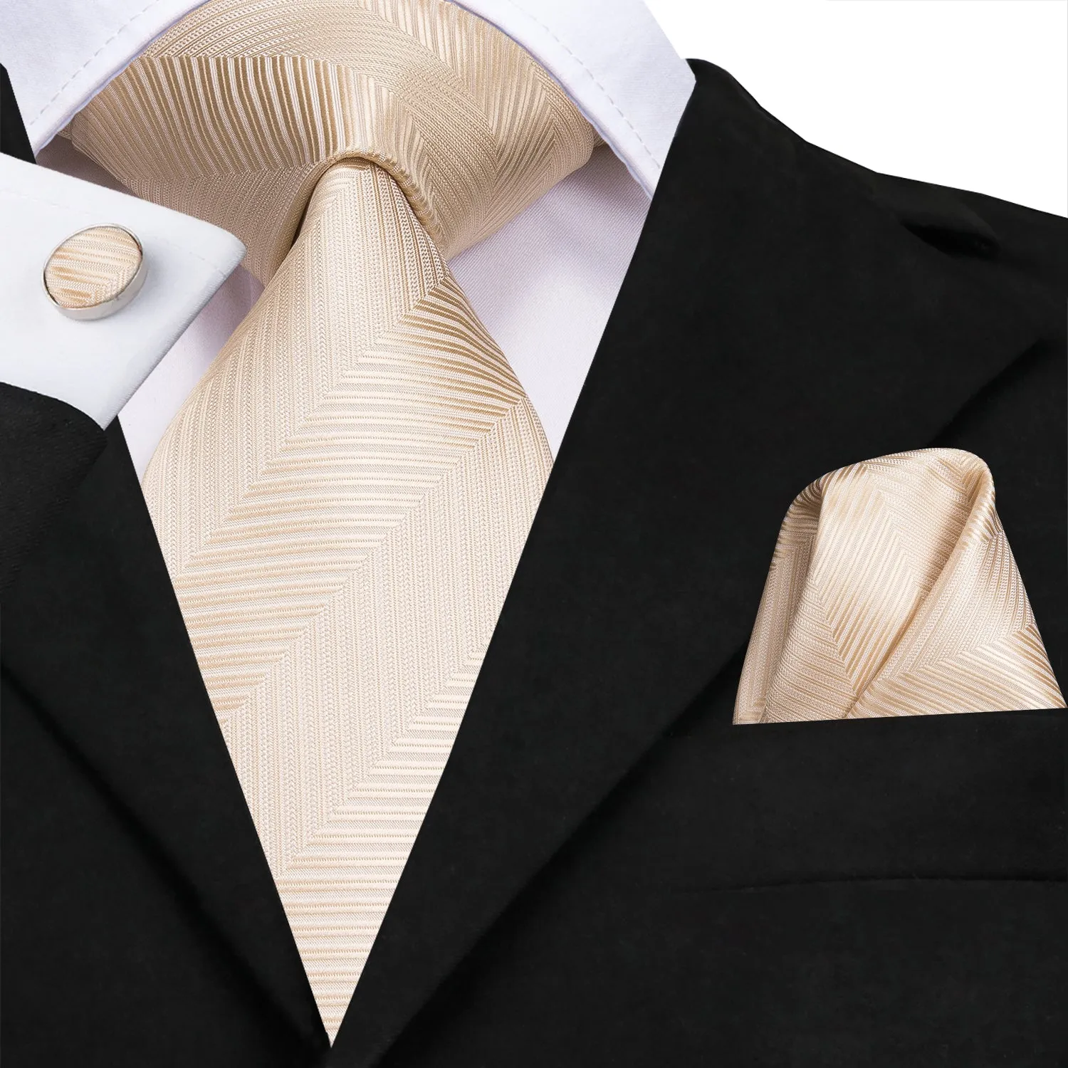 Hi-Tie Champagne Necktie Beige Striped Tie Pocket Square Cufflinks Set