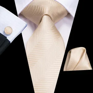 Hi-Tie Champagne Necktie Beige Striped Tie Pocket Square Cufflinks Set