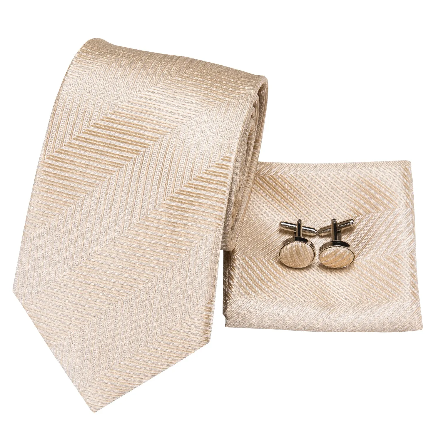 Hi-Tie Champagne Necktie Beige Striped Tie Pocket Square Cufflinks Set